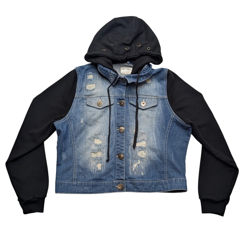 Dollhouse Denim Jacket Womens XL Blue Black Hooded Mixed Media Distressed